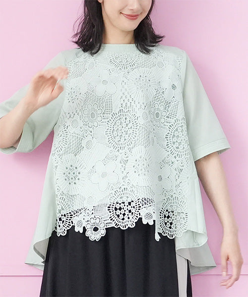 【再入荷&新色登場】花レース5分袖バンドカラーフレアワイドブラウス 36-1129