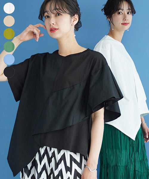 異素材切替半袖裾アシンメトリーTシャツカットソー 36-1605