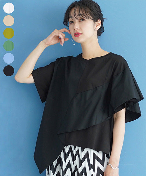 異素材切替半袖裾アシンメトリーTシャツカットソー 36-1605