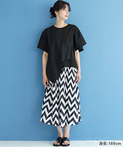 異素材切替半袖裾アシンメトリーTシャツカットソー 36-1605