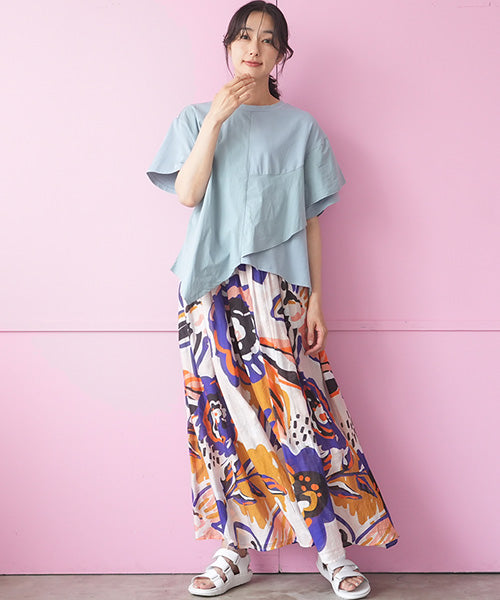 異素材切替半袖裾アシンメトリーTシャツカットソー 36-1605