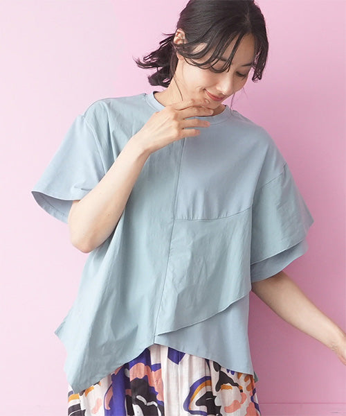 異素材切替半袖裾アシンメトリーTシャツカットソー 36-1605