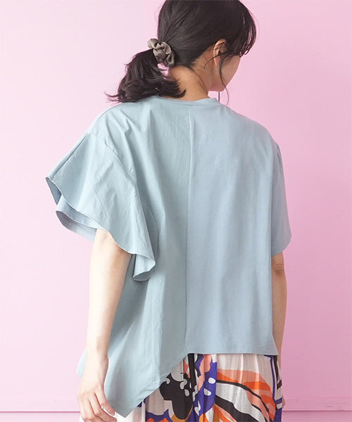 異素材切替半袖裾アシンメトリーTシャツカットソー 36-1605