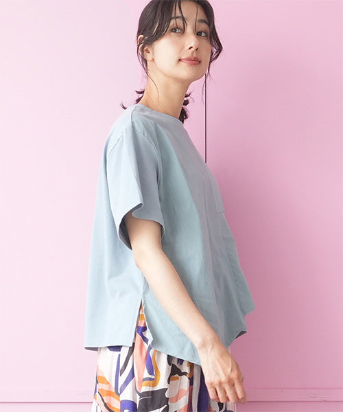 異素材切替半袖裾アシンメトリーTシャツカットソー 36-1605