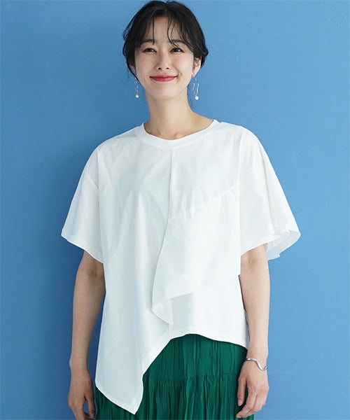 異素材切替半袖裾アシンメトリーTシャツカットソー 36-1605