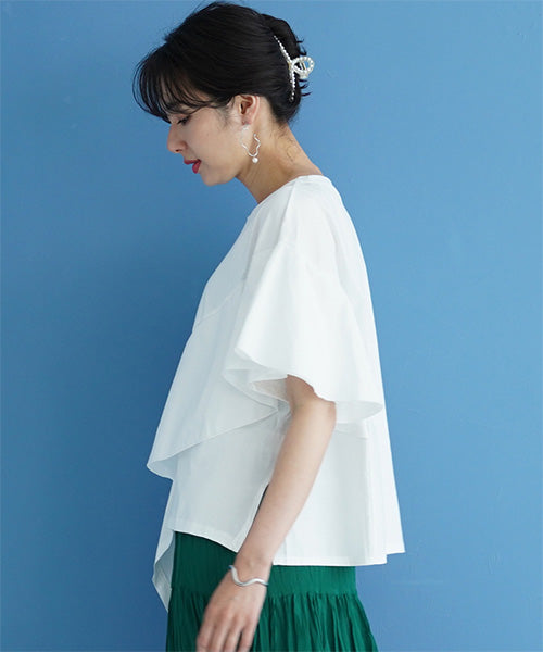 異素材切替半袖裾アシンメトリーTシャツカットソー 36-1605