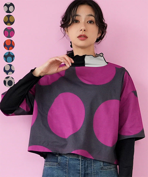 ビッグドット柄ボートネックショート丈半袖Tシャツカットソー 36-1736