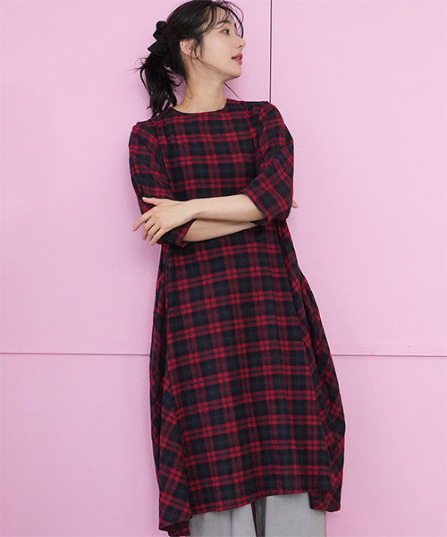 チェック切替7分袖Aラインロングワンピース 36-1829