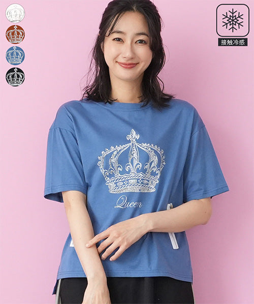 【接触冷感】綿100％飾りファスナー王冠プリントビジュー付きTシャツカットソー 36-1847