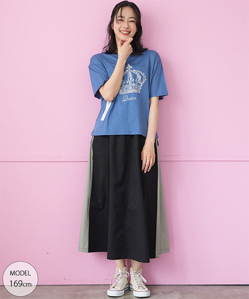 【接触冷感】綿100％飾りファスナー王冠プリントビジュー付きTシャツカットソー 36-1847
