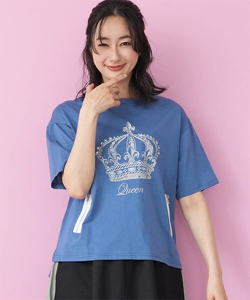 【接触冷感】綿100％飾りファスナー王冠プリントビジュー付きTシャツカットソー 36-1847