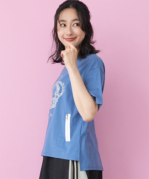 【接触冷感】綿100％飾りファスナー王冠プリントビジュー付きTシャツカットソー 36-1847
