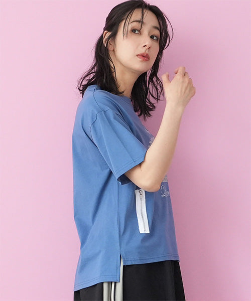 【接触冷感】綿100％飾りファスナー王冠プリントビジュー付きTシャツカットソー 36-1847