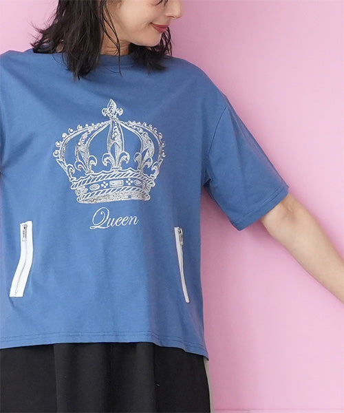 【接触冷感】綿100％飾りファスナー王冠プリントビジュー付きTシャツカットソー 36-1847