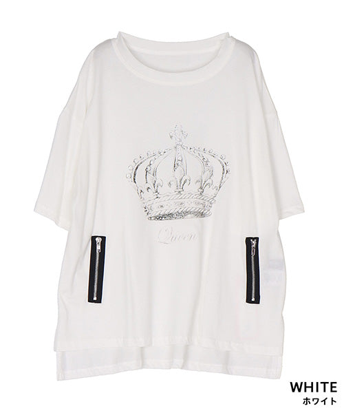 【接触冷感】綿100％飾りファスナー王冠プリントビジュー付きTシャツカットソー 36-1847