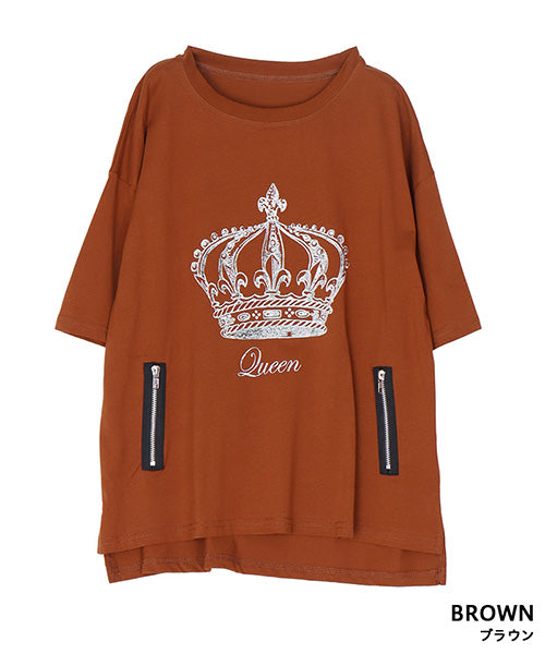 【接触冷感】綿100％飾りファスナー王冠プリントビジュー付きTシャツカットソー 36-1847