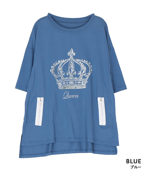 【接触冷感】綿100％飾りファスナー王冠プリントビジュー付きTシャツカットソー 36-1847