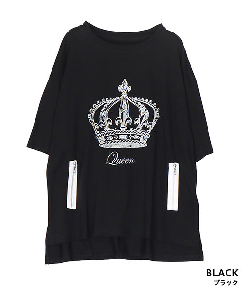 【接触冷感】綿100％飾りファスナー王冠プリントビジュー付きTシャツカットソー 36-1847