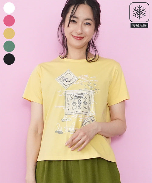 【接触冷感】綿100％イラスト刺繍パッチワーク英字プリントTシャツカットソー 36-1848
