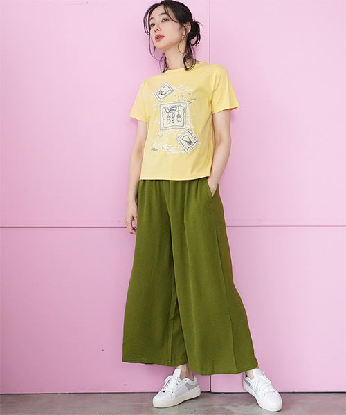 【接触冷感】綿100％イラスト刺繍パッチワーク英字プリントTシャツカットソー 36-1848
