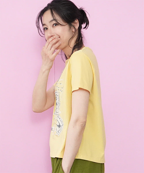 【接触冷感】綿100％イラスト刺繍パッチワーク英字プリントTシャツカットソー 36-1848