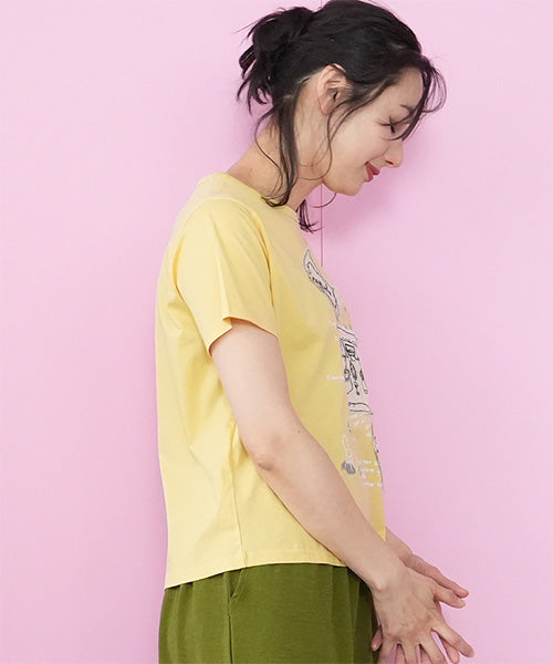 【接触冷感】綿100％イラスト刺繍パッチワーク英字プリントTシャツカットソー 36-1848