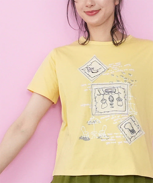 【接触冷感】綿100％イラスト刺繍パッチワーク英字プリントTシャツカットソー 36-1848
