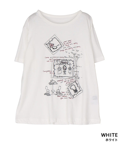 【接触冷感】綿100％イラスト刺繍パッチワーク英字プリントTシャツカットソー 36-1848