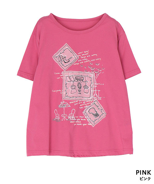 【接触冷感】綿100％イラスト刺繍パッチワーク英字プリントTシャツカットソー 36-1848
