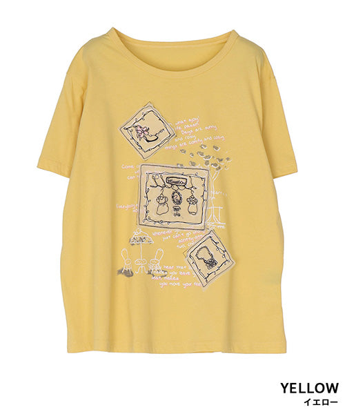 【接触冷感】綿100％イラスト刺繍パッチワーク英字プリントTシャツカットソー 36-1848