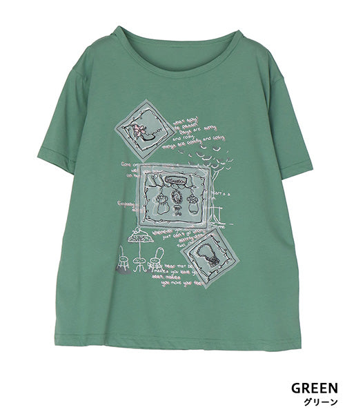 【接触冷感】綿100％イラスト刺繍パッチワーク英字プリントTシャツカットソー 36-1848