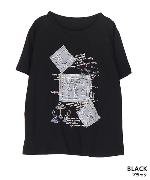 【接触冷感】綿100％イラスト刺繍パッチワーク英字プリントTシャツカットソー 36-1848