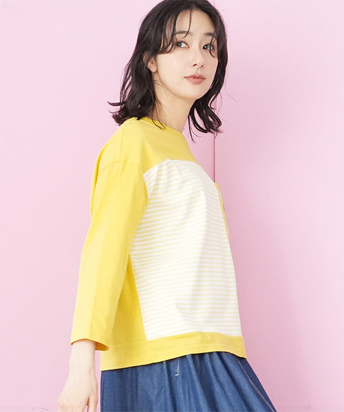 接触冷感ボーダー切替ロゴポケット付きTシャツカットソー 36-1854
