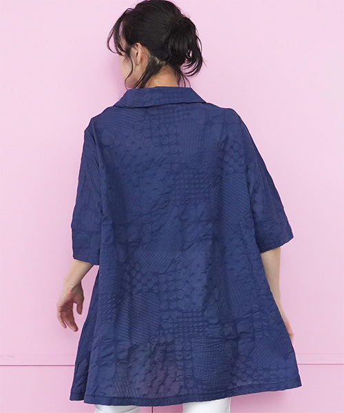 綿100％衿付きキーネック塩縮加工チュニックブラウス 36-1867