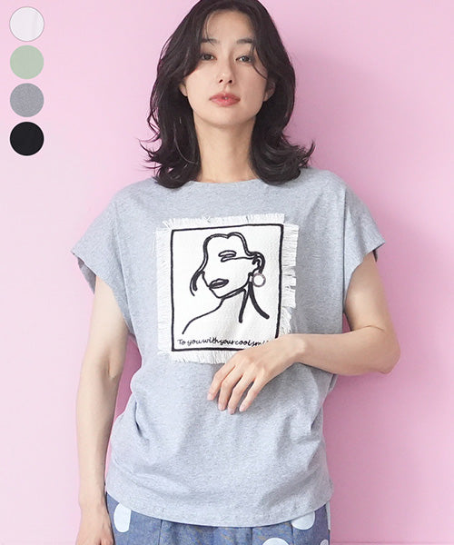 綿100％フェイス刺繍ワッペン付きフレンチスリーブTシャツカットソー 36-1889