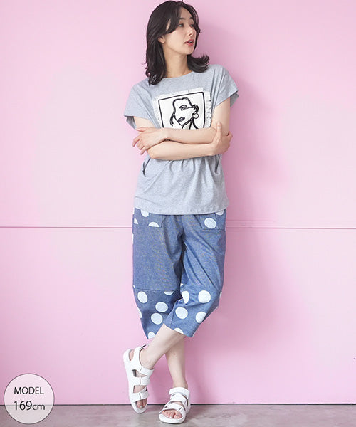 綿100％フェイス刺繍ワッペン付きフレンチスリーブTシャツカットソー 36-1889