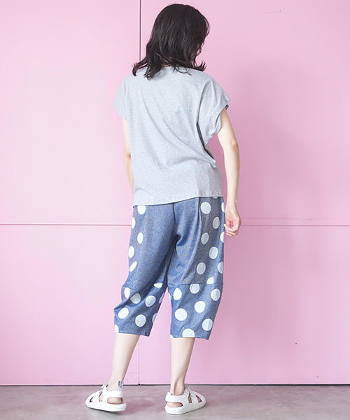 綿100％フェイス刺繍ワッペン付きフレンチスリーブTシャツカットソー 36-1889