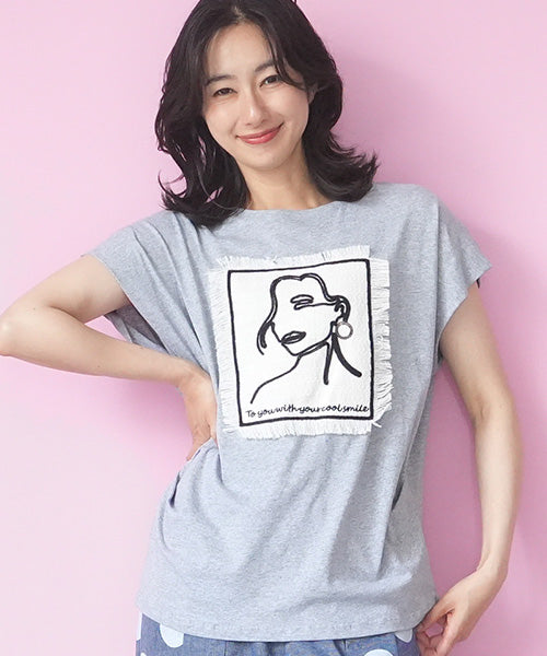 綿100％フェイス刺繍ワッペン付きフレンチスリーブTシャツカットソー 36-1889