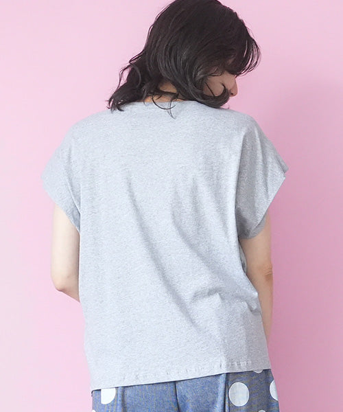 綿100％フェイス刺繍ワッペン付きフレンチスリーブTシャツカットソー 36-1889