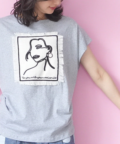 綿100％フェイス刺繍ワッペン付きフレンチスリーブTシャツカットソー 36-1889