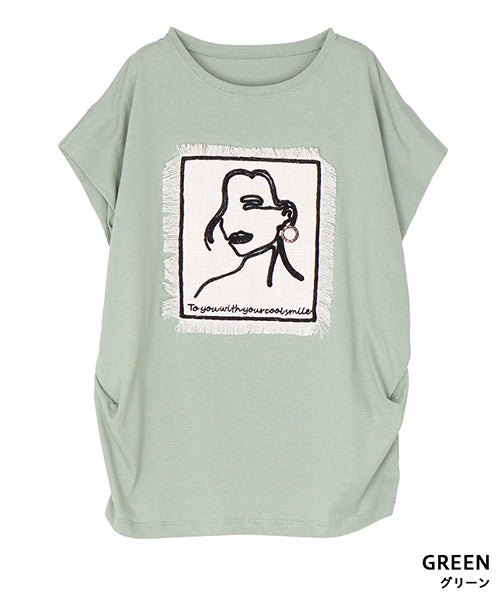 綿100％フェイス刺繍ワッペン付きフレンチスリーブTシャツカットソー 36-1889