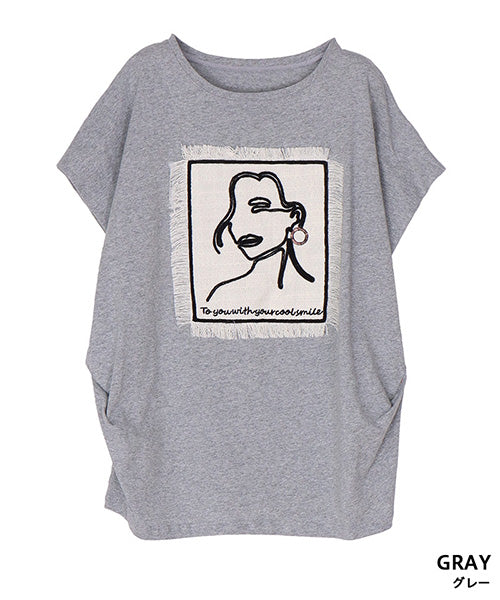 綿100％フェイス刺繍ワッペン付きフレンチスリーブTシャツカットソー 36-1889
