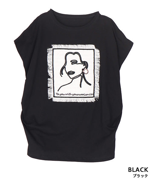 綿100％フェイス刺繍ワッペン付きフレンチスリーブTシャツカットソー 36-1889
