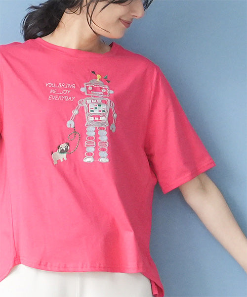 【接触冷感】ロボットイラスト刺繍半袖Tシャツカットソー 36-1891
