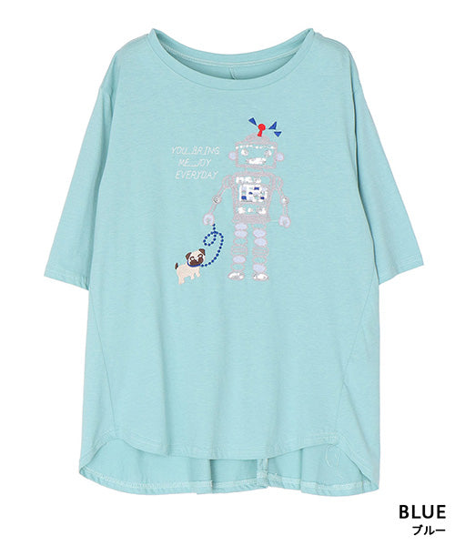 【接触冷感】ロボットイラスト刺繍半袖Tシャツカットソー 36-1891