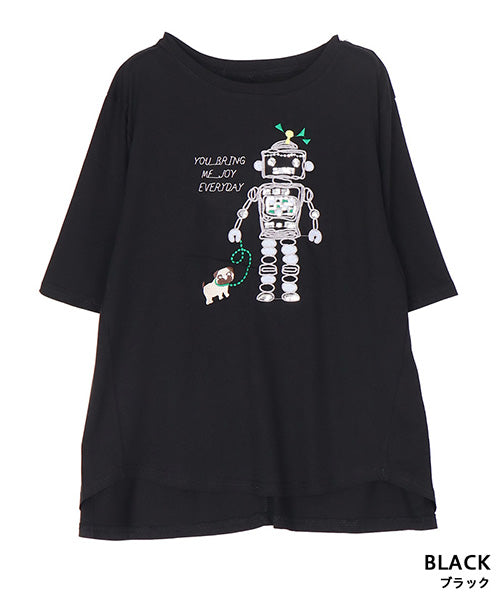 【接触冷感】ロボットイラスト刺繍半袖Tシャツカットソー 36-1891
