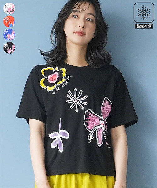 【接触冷感】アートフラワープリント刺繍半袖Tシャツカットソー 36-1892