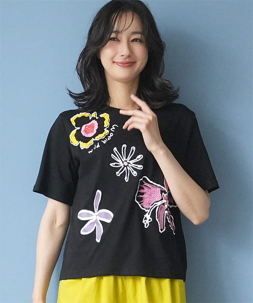 【接触冷感】アートプリント刺繍半袖Tシャツカットソー 36-1892
