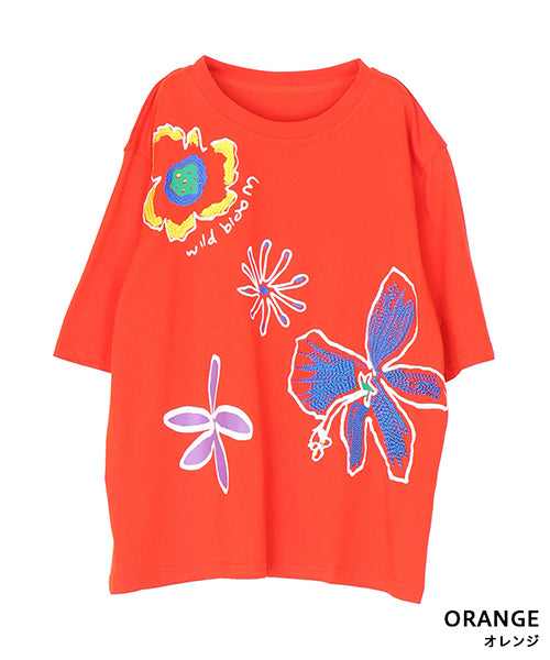 【接触冷感】アートプリント刺繍半袖Tシャツカットソー 36-1892