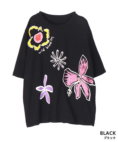 【接触冷感】アートプリント刺繍半袖Tシャツカットソー 36-1892